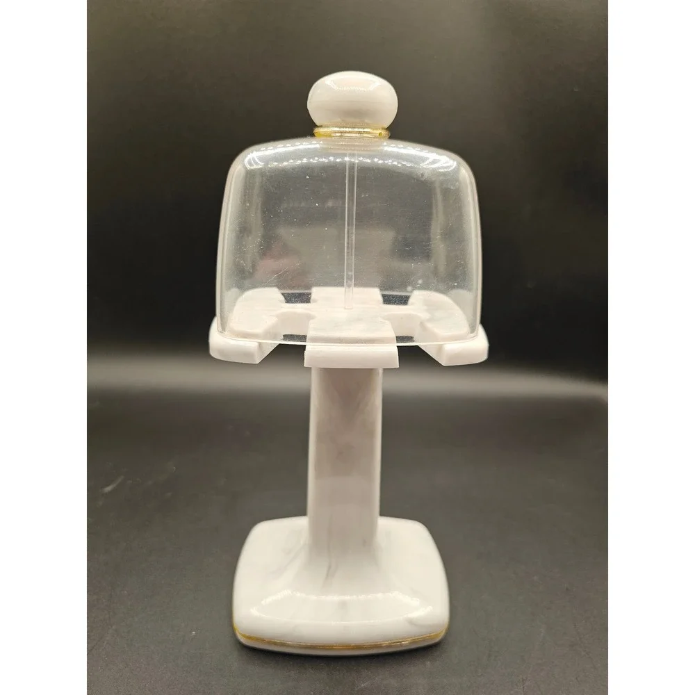 Faux Marble Pedestal Lipstick Holder with Clear Cloche Cover Gold Trim White SS